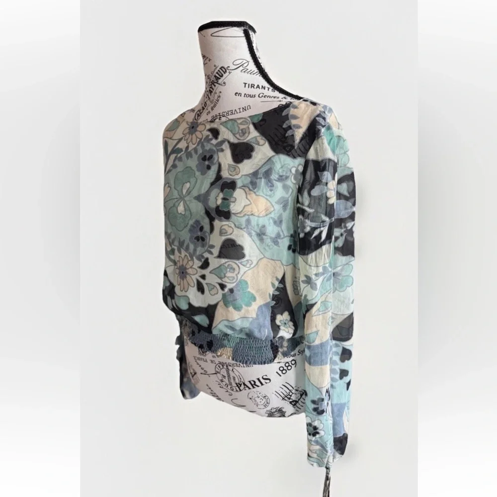 Vintage 90s Y2K DKNY Jeans Silk Mod Flower Cutout Sleeve Stretch Waist top 8
